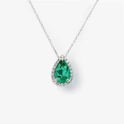 1.62CT Pear Shaped Emerald & Diamond Halo Necklace