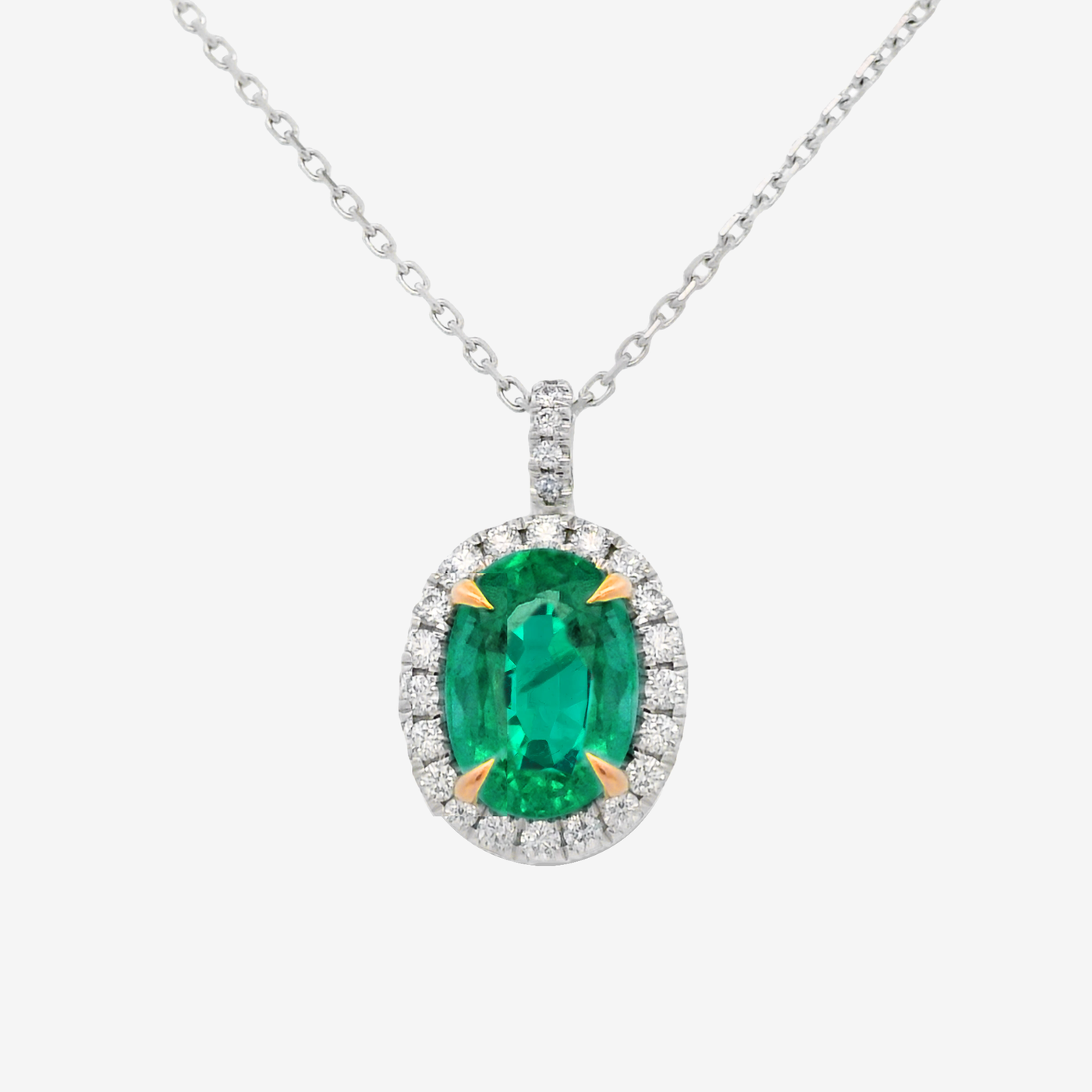 1.96CT Oval Cut Emerald & Diamond Halo Necklace