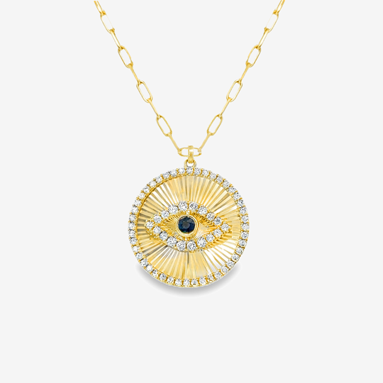 Fluted Disc Evil Eye Diamond Paperclip Necklace