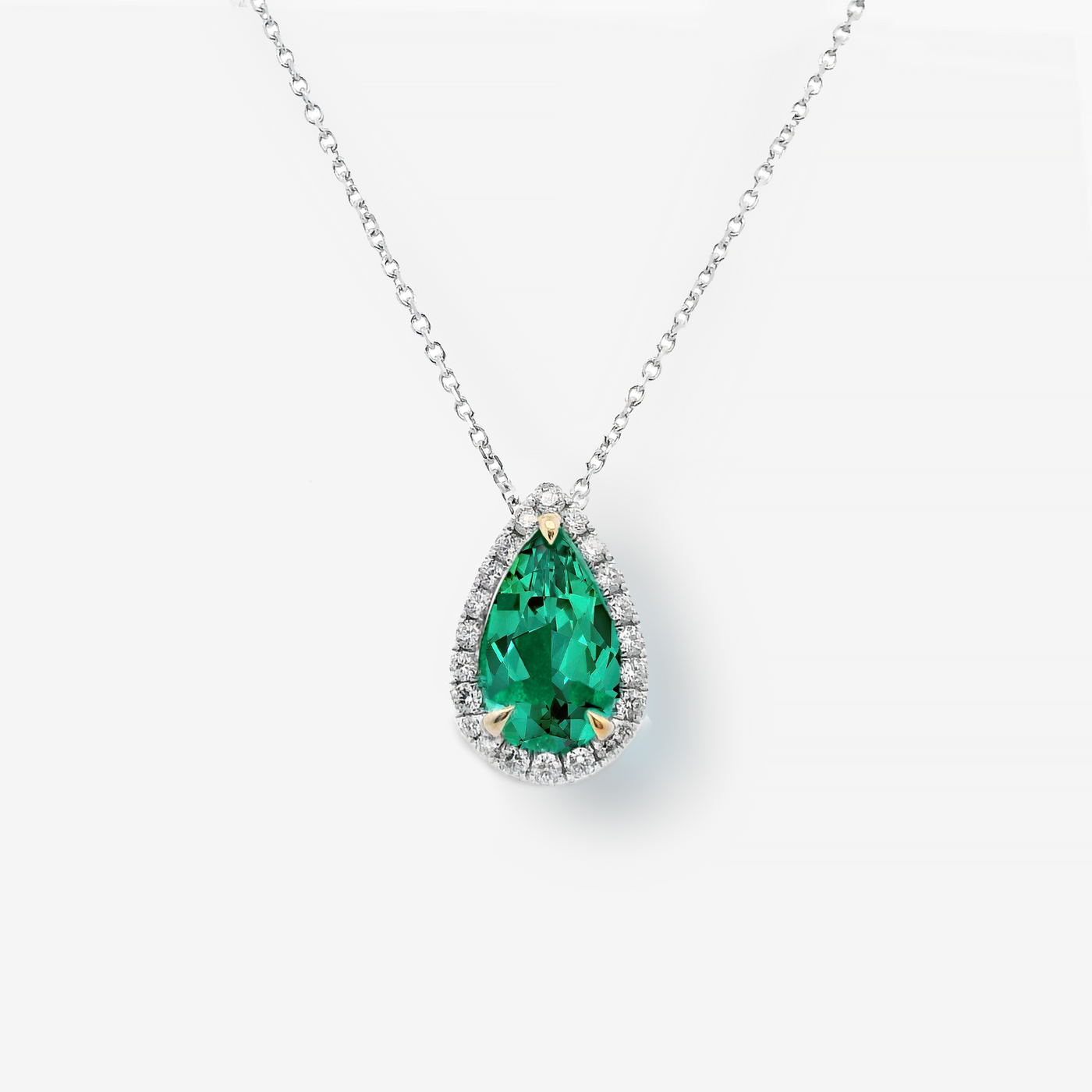 2.01CT Pear Shaped Emerald & Diamond Halo Necklace