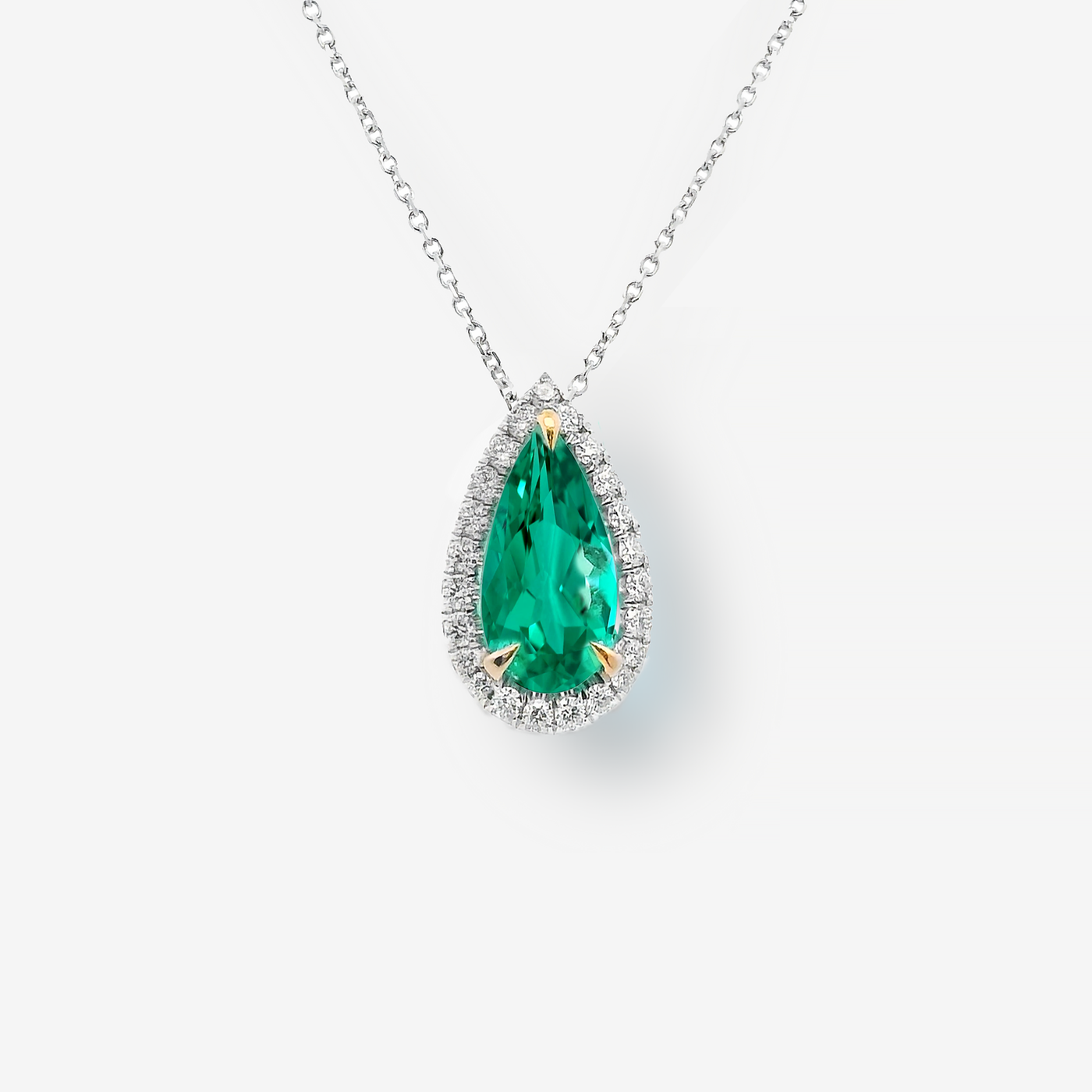 2.13CT Pear Shaped Emerald & Diamond Halo Necklace