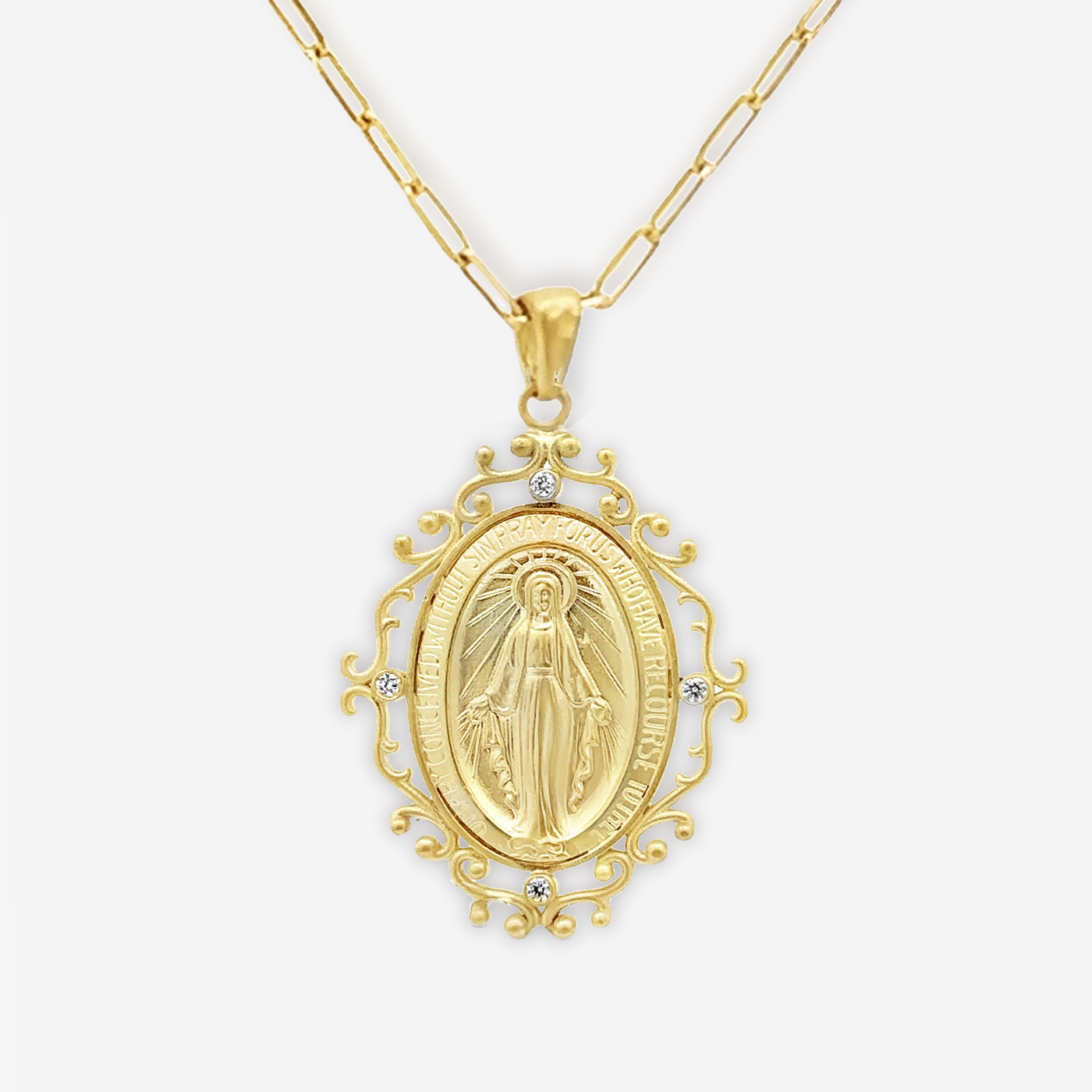 24mm Miraculous Medal Diamond Scroll Necklace