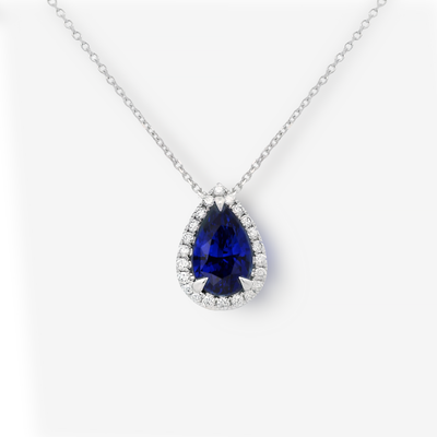 3.02CT Pear Shaped Sapphire & Diamond Halo Necklace