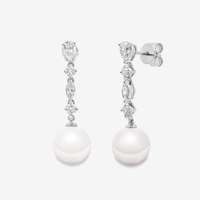 9.5mm SS Pearl & Diamond Dangle Earrings