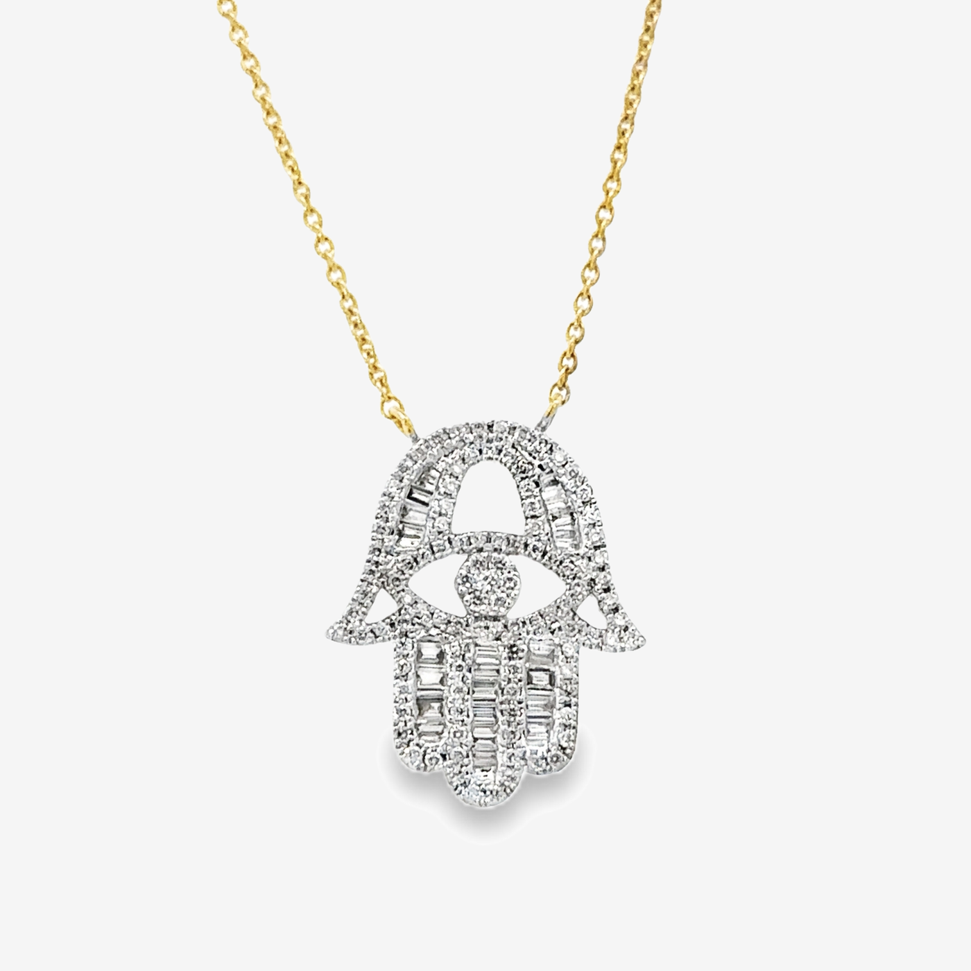 Baguette & Round Diamond Hamsa Necklace