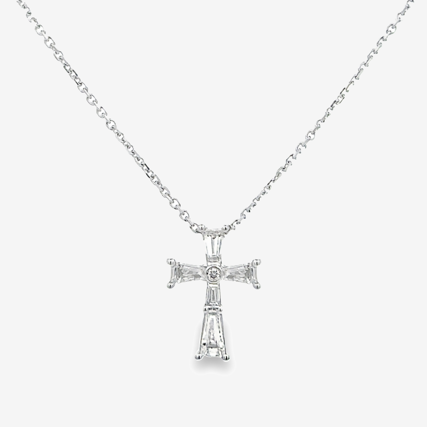 Baguette & Round Diamond Small Cross Necklace