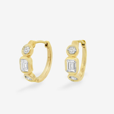 Bezel Set Emerald Cut & Round Huggie Earrings