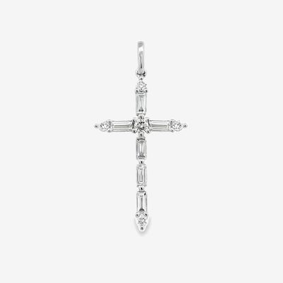 Delicate Baguette & Round Diamond Cross Pendant