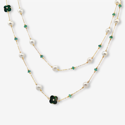 Floral Malachite & Pearl Station Necklace