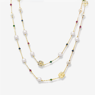 Floral Mother of Pearl & Gems Station Necklace