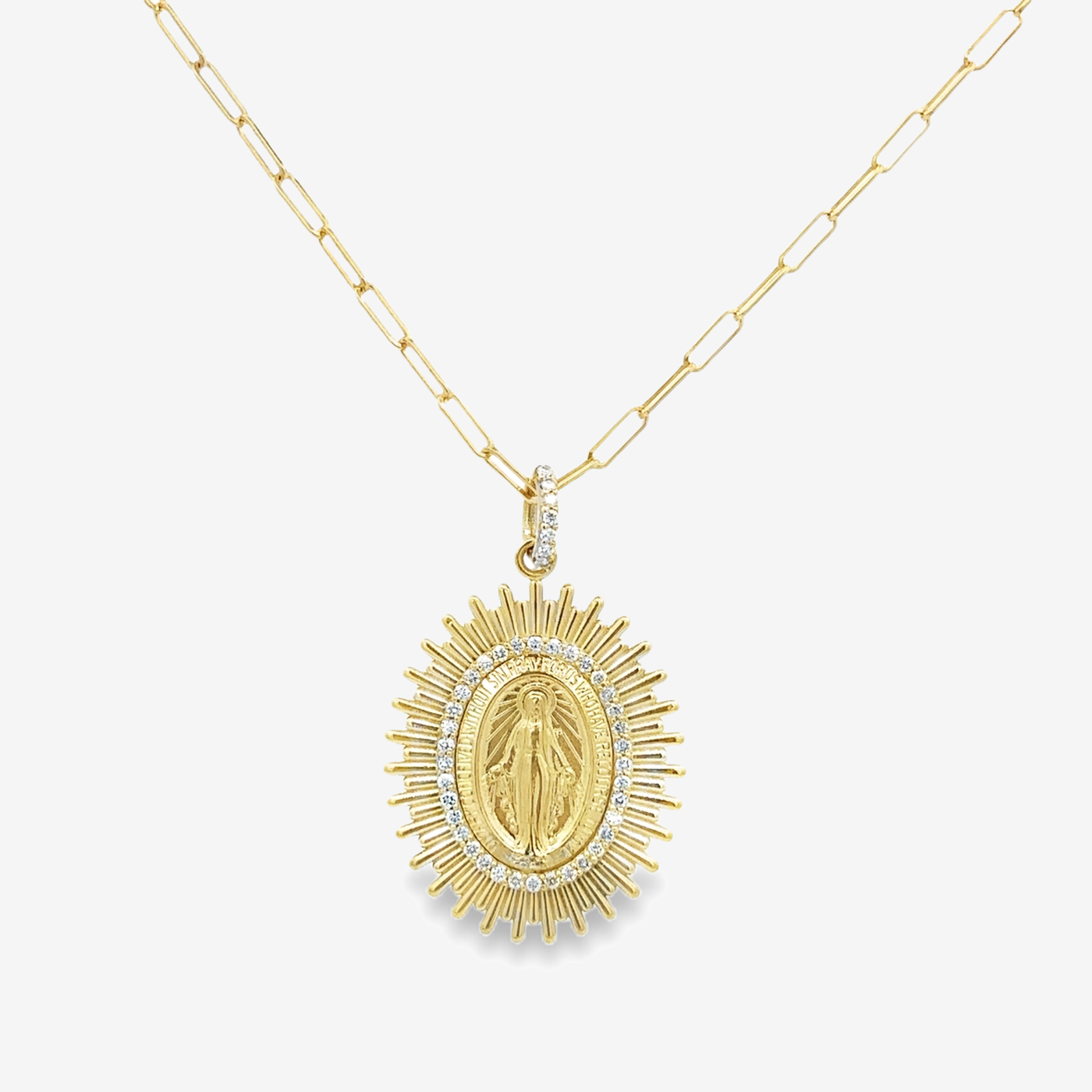 30mm Miraculous Medal Diamond Rays Necklace