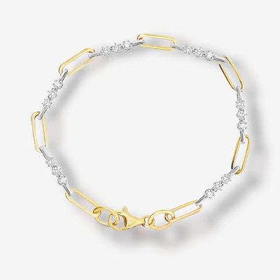 Paper Clip Link Two Tone Diamond Station Bracelet