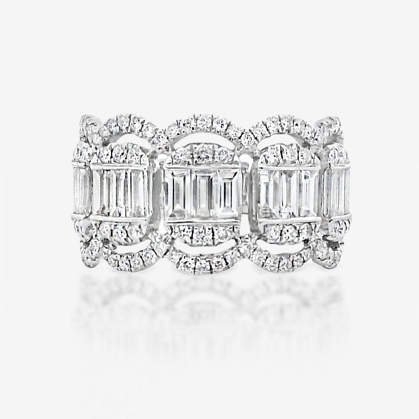 Scalloped Baguette & Round Wide Diamond Ring