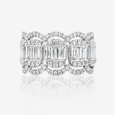 Scalloped Baguette & Round Wide Diamond Ring