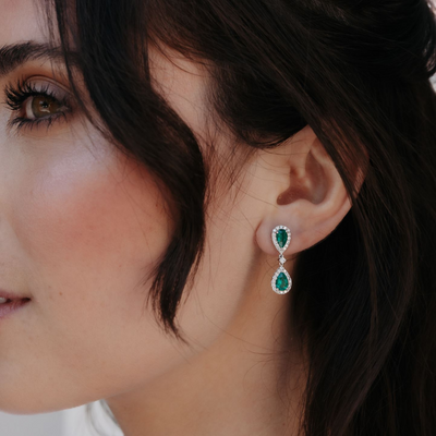 emerald and diamond halo drop earrings