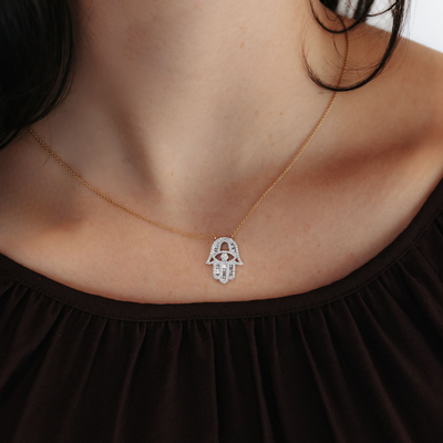 Baguette & Round Diamond Hamsa Necklace