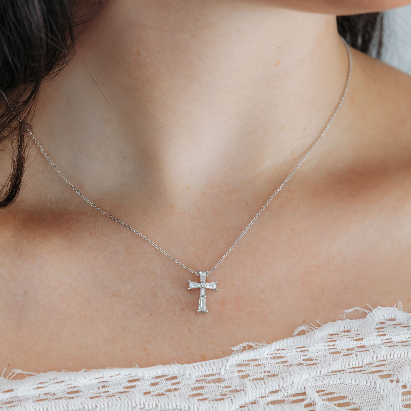 Baguette & Round Diamond Small Cross Necklace