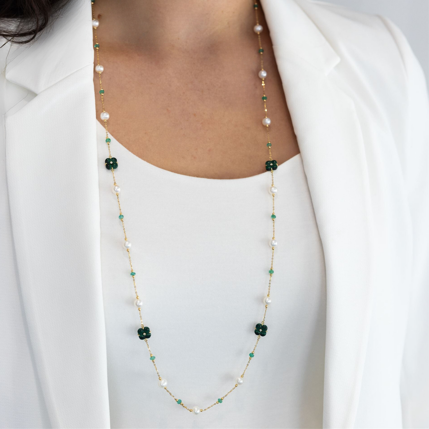 Floral Malachite & Pearl Station Necklace