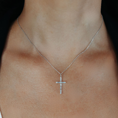 Delicate Baguette & Round Diamond Cross Pendant