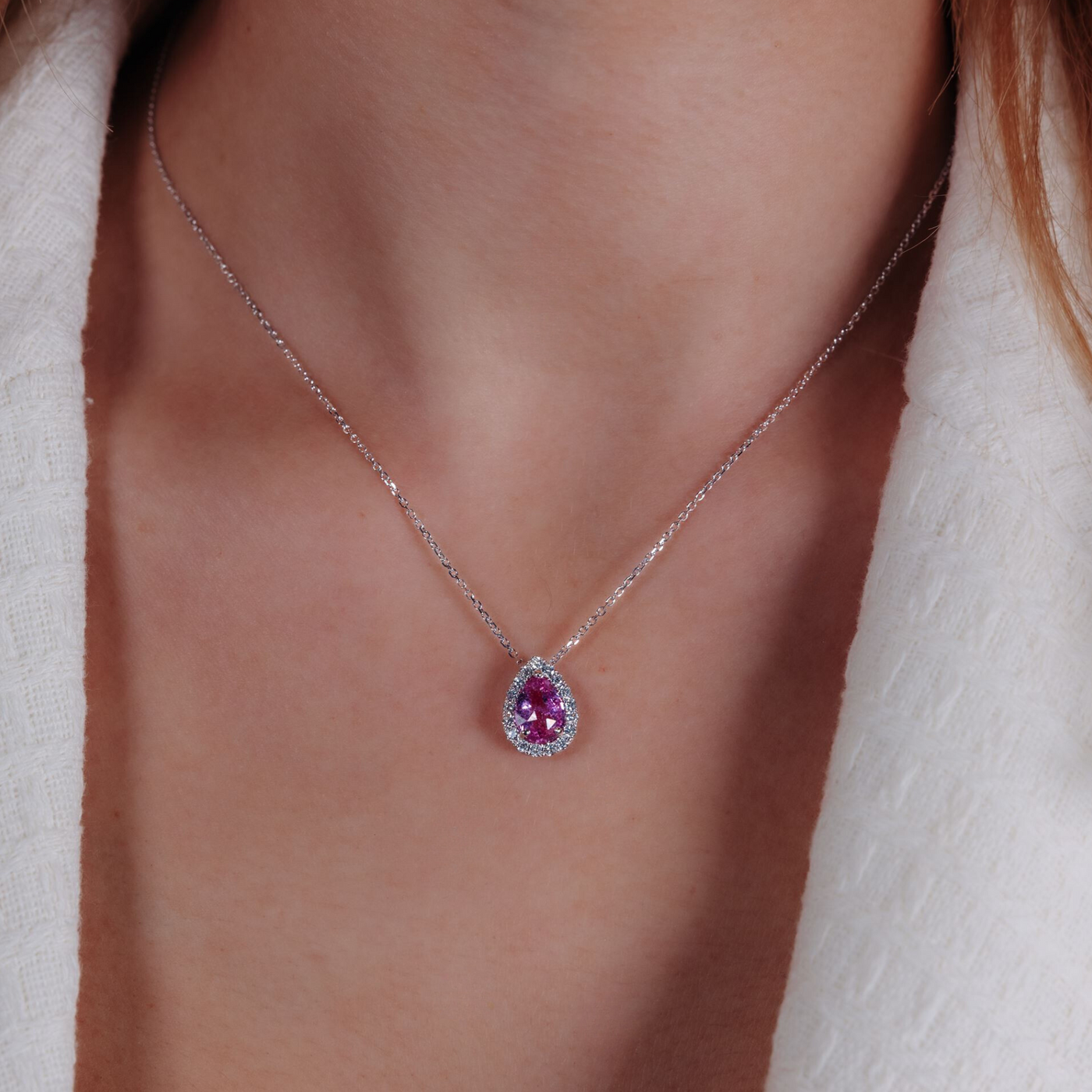 1.95CT Pink Sapphire & Diamond Halo Necklace