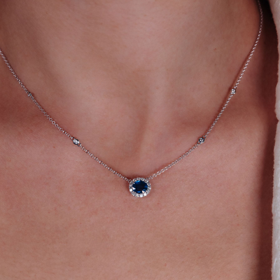 Oval Sapphire and Diamond Halo Necklace