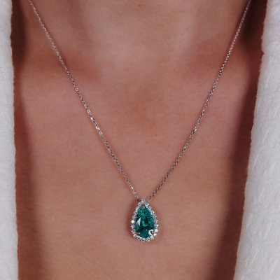 2.44CT Pear Shaped Emerald & Diamond Halo Necklace