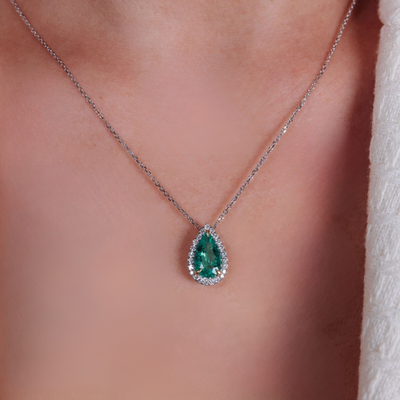 1.44CT Pear Shaped Emerald & Diamond Halo Necklace