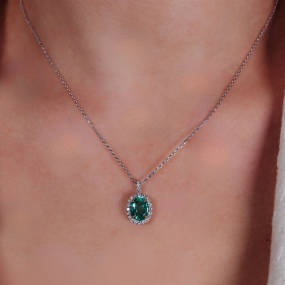 1.96CT Oval Cut Emerald & Diamond Halo Necklace