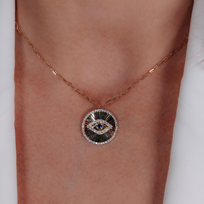 Fluted Disc Evil Eye Diamond Paperclip Necklace