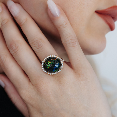 9.60CT Black Opal Halo Ring