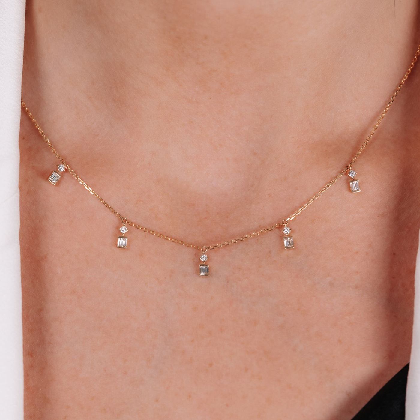 0.40CT Baguette & Round Drops By The Yard Necklace