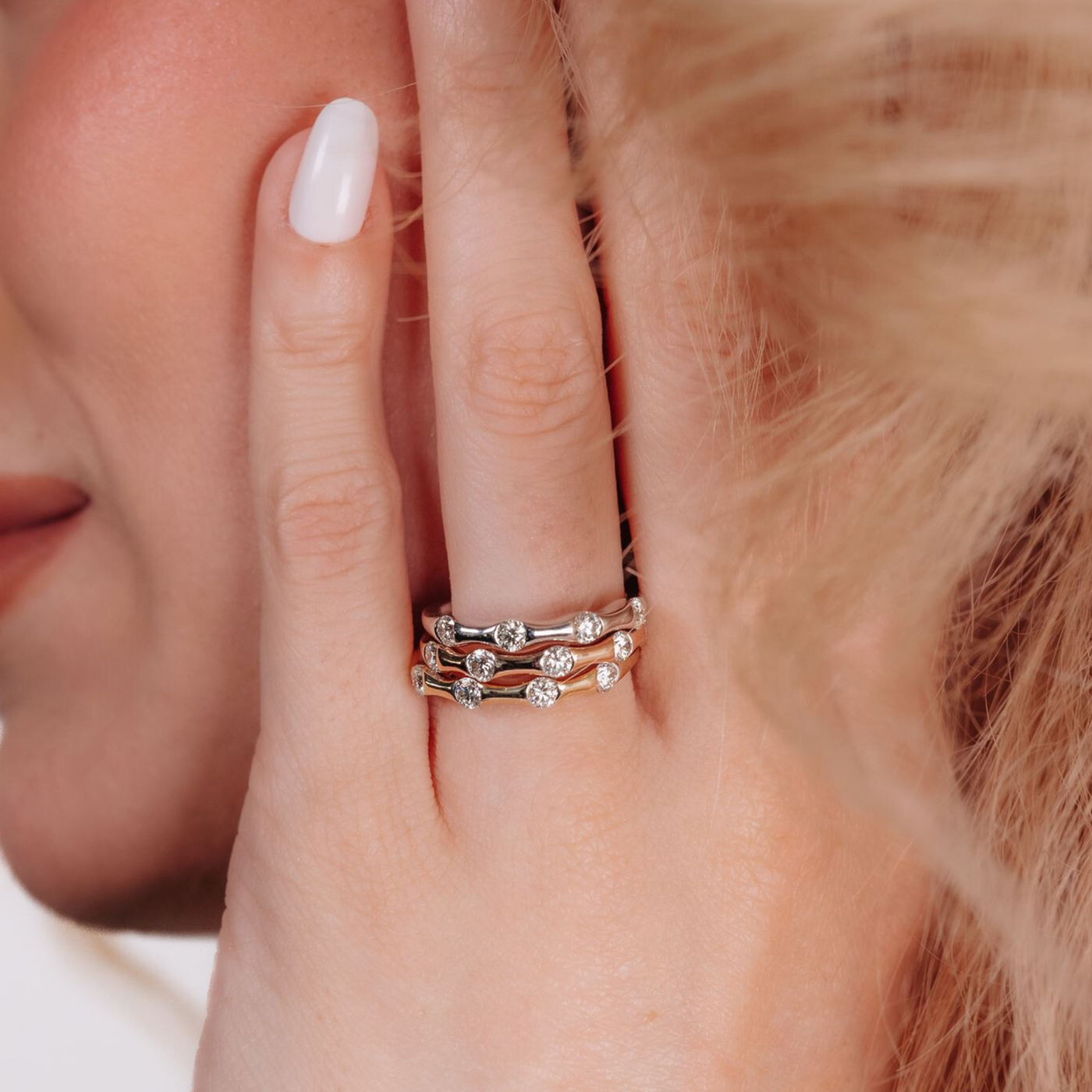 Tricolored Stackable Diamond Burnished Ring