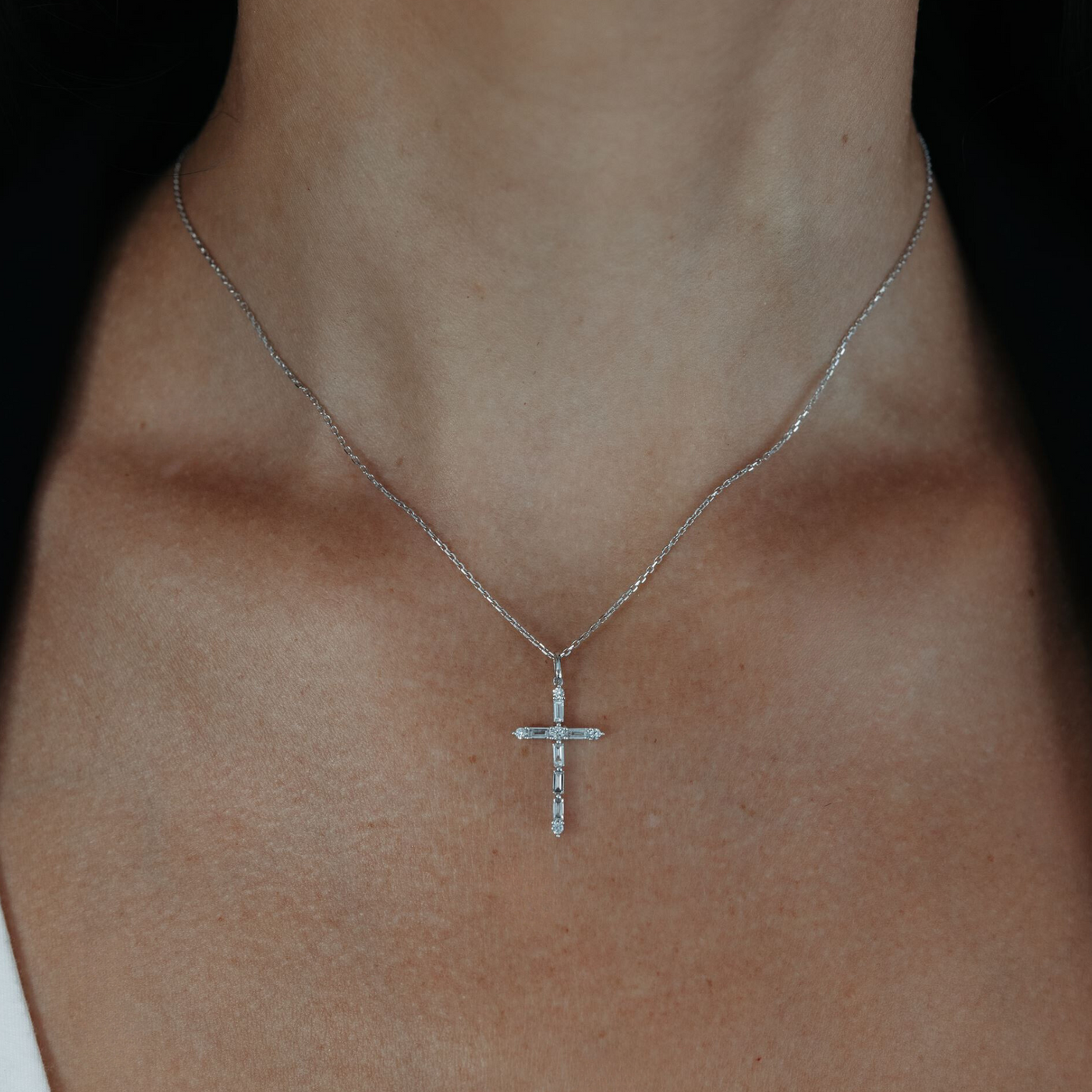 Delicate Baguette & Round Diamond Cross Pendant