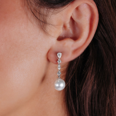 9.5mm SS Pearl & Diamond Dangle Earrings