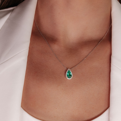 1.44CT Pear Shaped Emerald & Diamond Halo Necklace