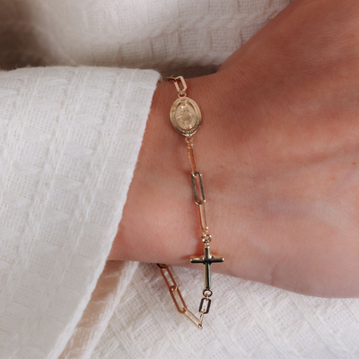 Virgin Mary Medal & Cross Paperclip Bracelet